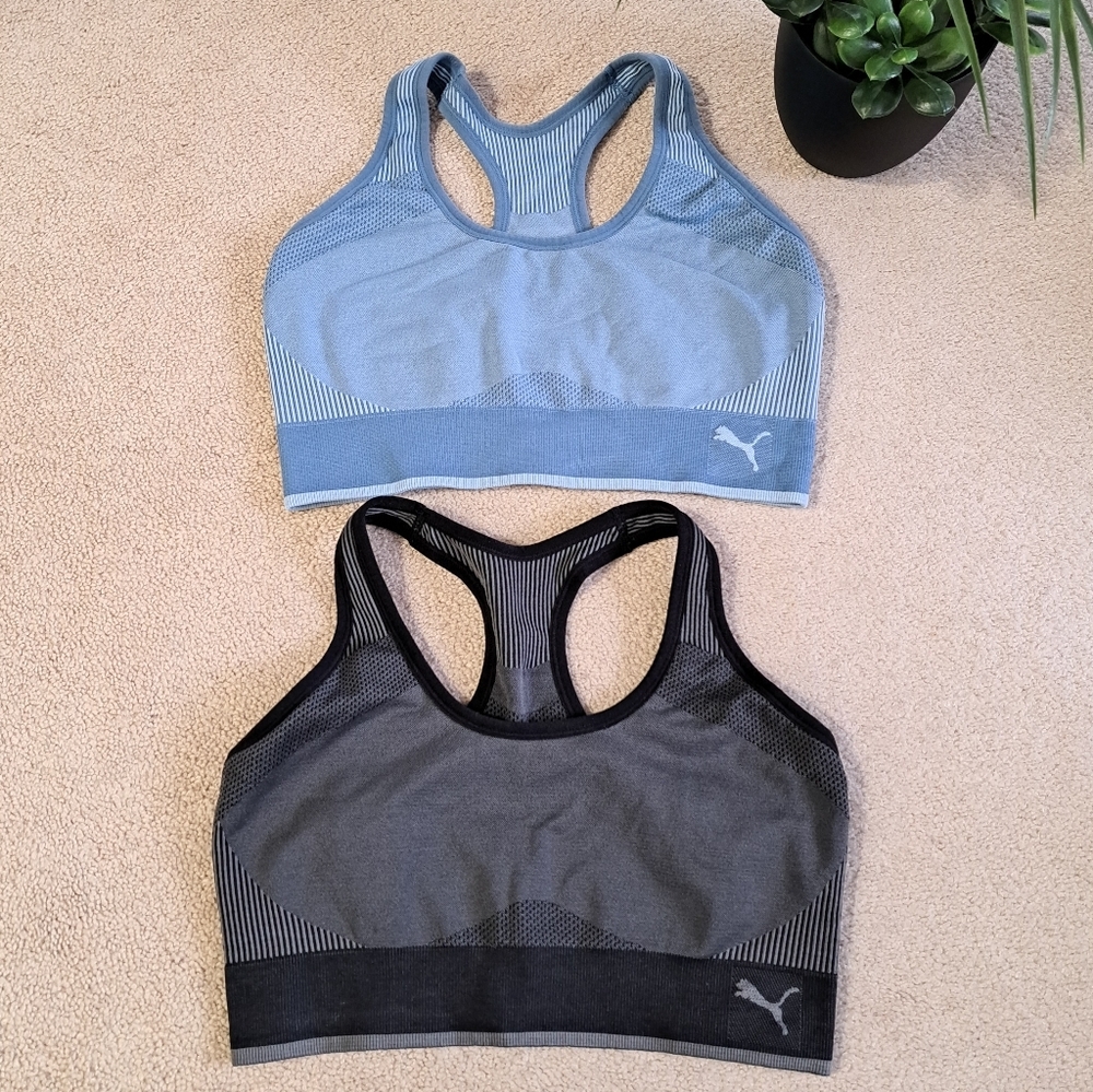 Set Of 2 Puma Blue and Grey Sports Bras Women's Size Medium Active Sporty Casual